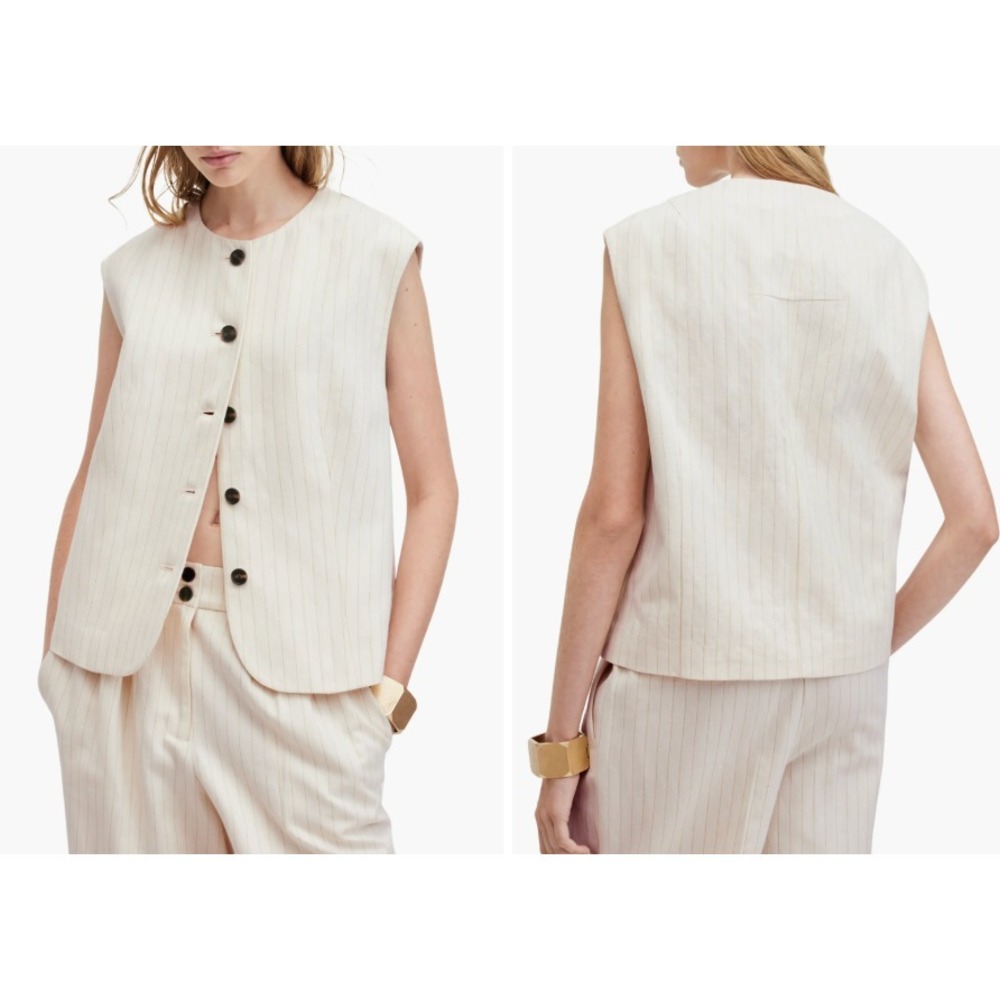 AllSaints Payton Pinstripe Vest Cream Gold Cotton Linen Size US 8 UK 12 NEW $269